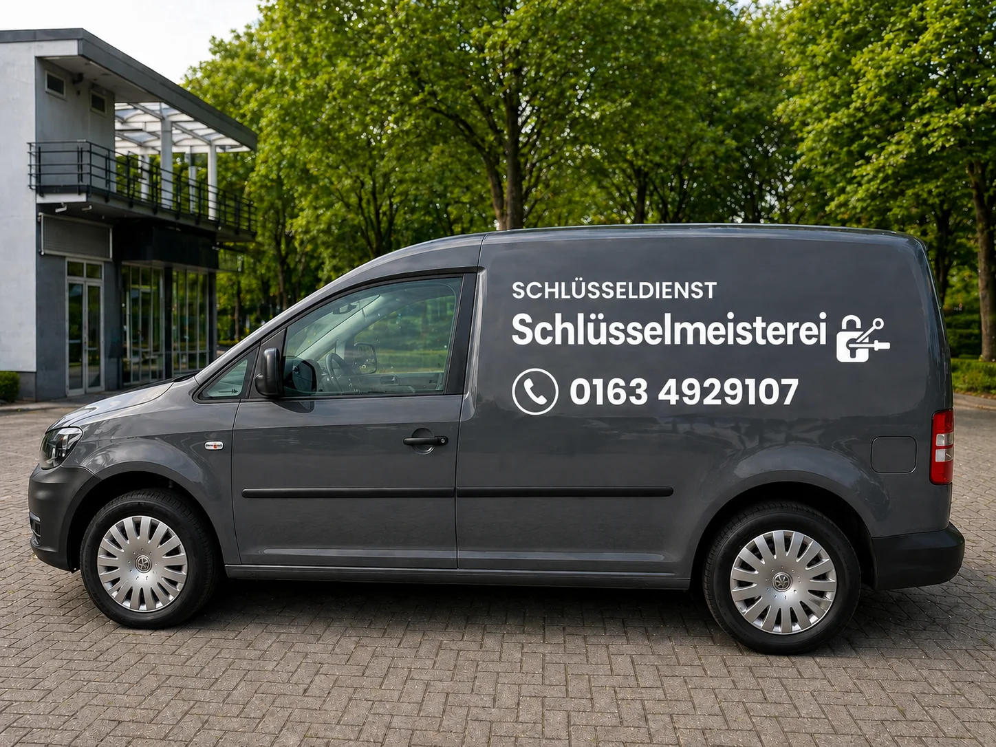 Schlüsselmeisterei Einsatzfahrzeug mit Logo und Telefonnummer